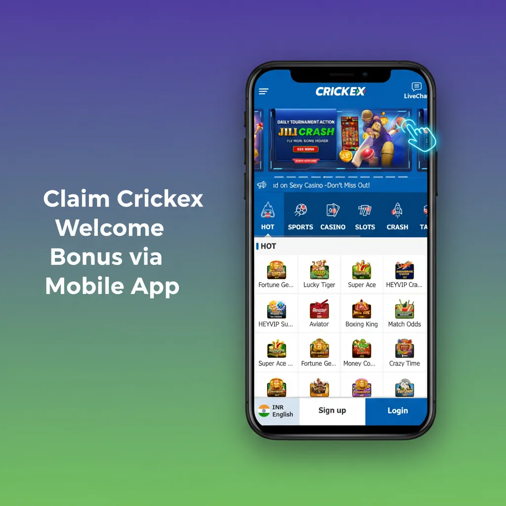 A visual walkthrough of the Crickex mobile app showing how to download the APK, install it, sign in, and claim your welcome reward.