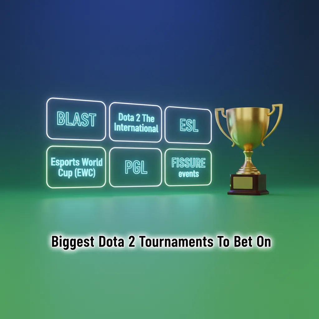 Visual guide to bettable Dota 2 tournaments: including TI, ESL, BLAST, EWC, PGL, and FISSURE, covering qualifiers and main events all year.