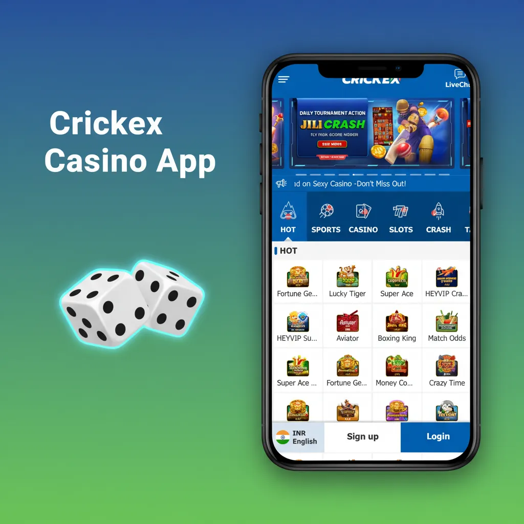 Crickex Casino App interface: switching between sports and casino, featuring slots, live Blackjack, Roulette, Baccarat, and current promotions.