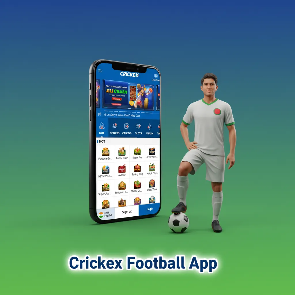 The Crickex mobile app for football, featuring real-time odds, an integrated bet slip, Cash Out options, instant push notifications, live match stats, and a quick login interface.