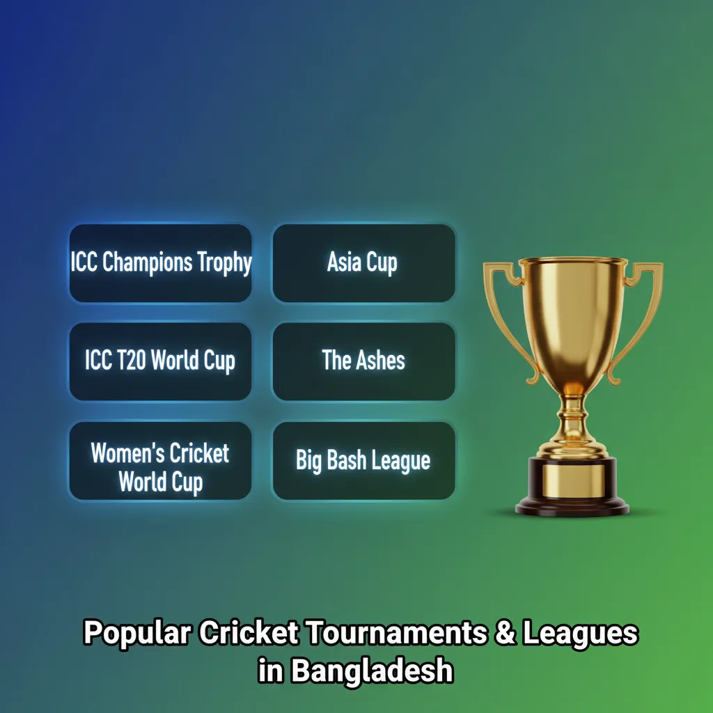 A visual guide to the most popular cricket events in Bangladesh: featuring the BPL, IPL, ICC World Cups, The Ashes, and Asia Cup, along with their primary betting markets.