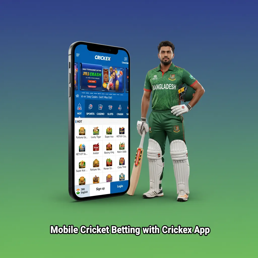 A visual demonstration of the Crickex app: displaying real-time odds, live scoreboards, the Cash Out option, integrated bKash/Nagad payments, and an intuitive bet slip.