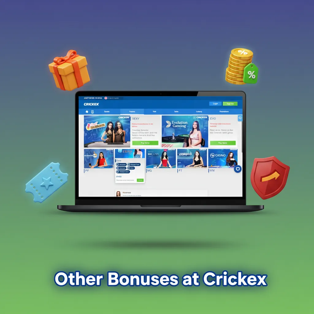 Explore other Crickex rewards: Sports Reloads, Weekly Free Bets, Casino Cashback, Free Spins for Slots, and the Refer-a-Friend program.