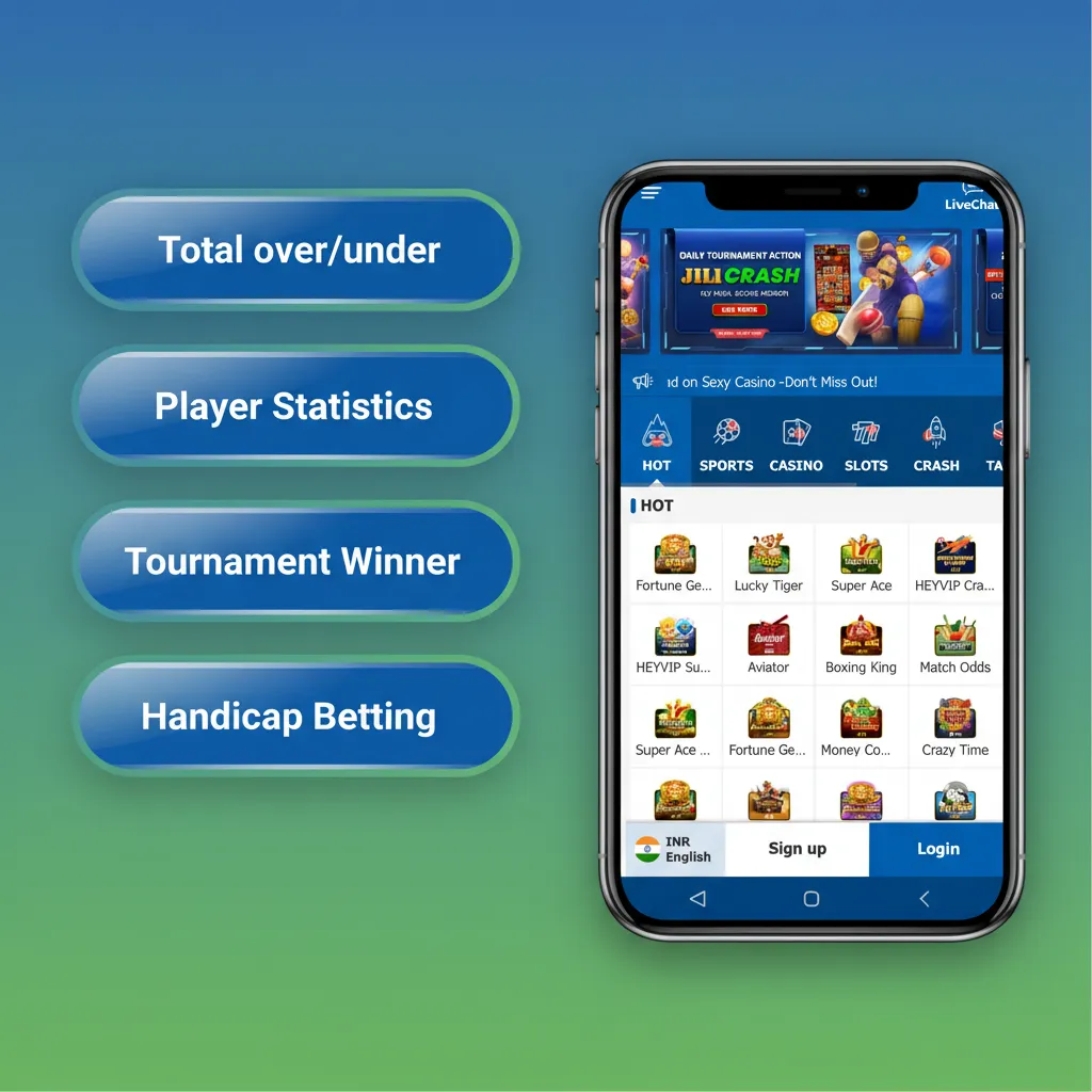 The Crickex app supports various wagering options: Singles, Accumulators, Systems, Live bets, Handicaps, and Over/Under.